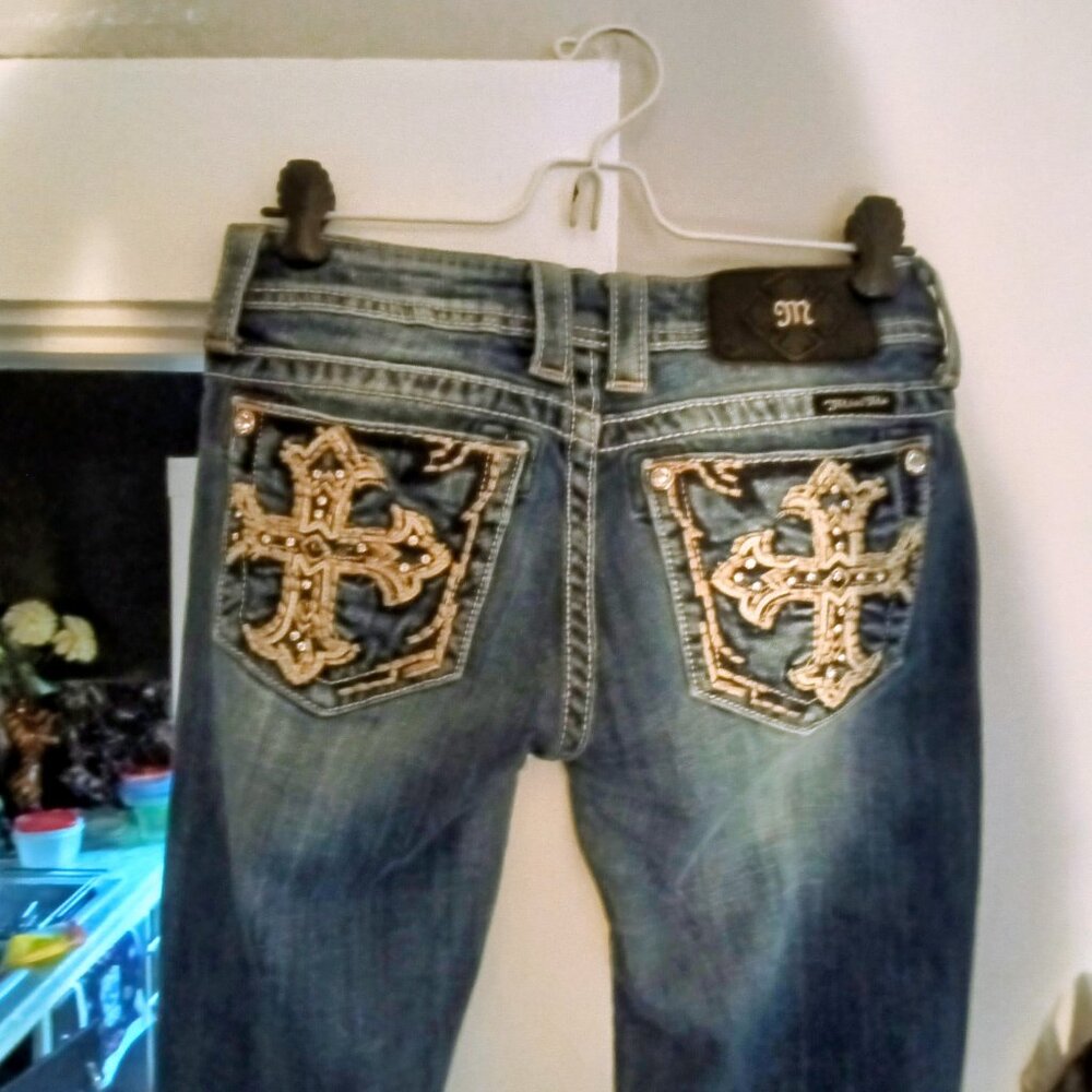 Miss Me Jeans Womens 27 Blue Bootcut Embellished Pockets Low Rise Stretch Denim